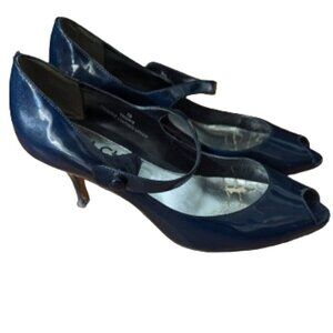 Vintage Blue Falchi Peep Toe Patent Mary Jane Strap Kitten Heels